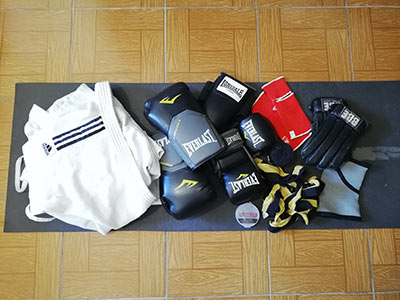 My own MMA gear laid out on the floor.