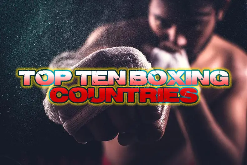 A boxer wearing hand wraps punches towards the camera for the best boxing countries article.
