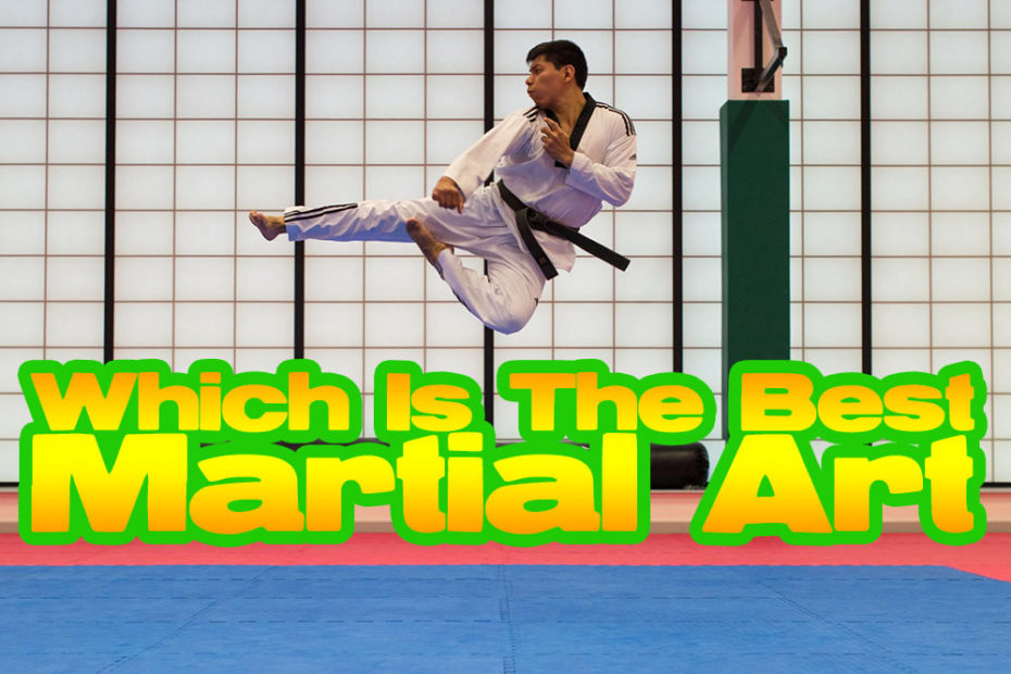 A traditional karate fighter jumping through the air.