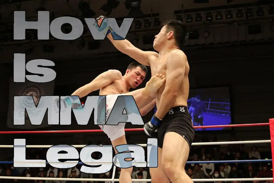 Two MMA fighters compete in a legal sanctioned fight.