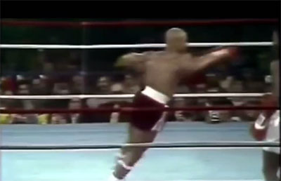 Legendary boxer Marvin Hagler attempts a gazelle jab during his fight.