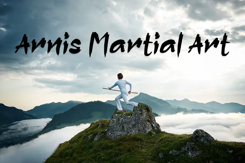 A woman practises Arnis martial arts on a mountain.