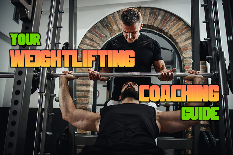 A weightlifting coach helps his client with heavy barbell lift.